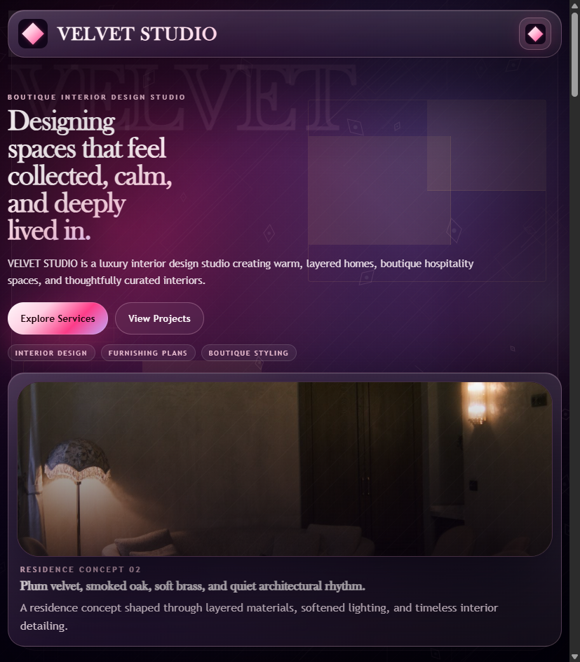 Velvet UI Pro Interior Design Website Template preview